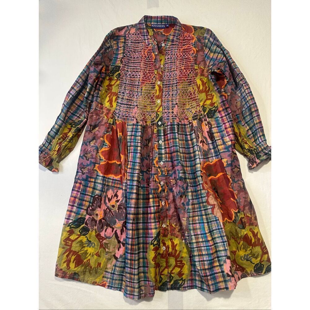 Ros Garden Patchwork Floral Plaid Boho Tunic Dress XS Cottagecore Indie